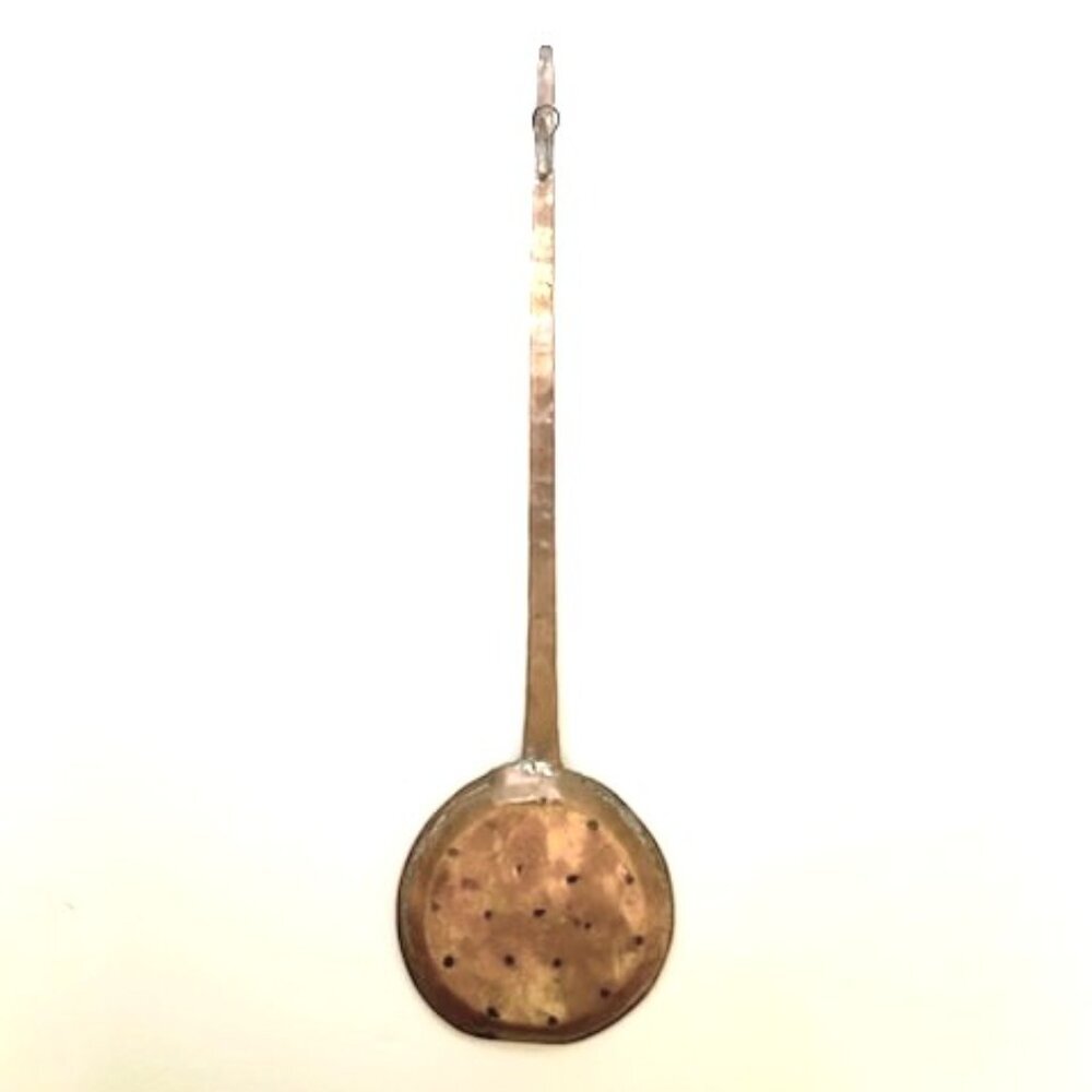 Vtg Copper Skimmer Pierced Ladle Handle Farmhouse 20”‎ L Hand Forged Hanging